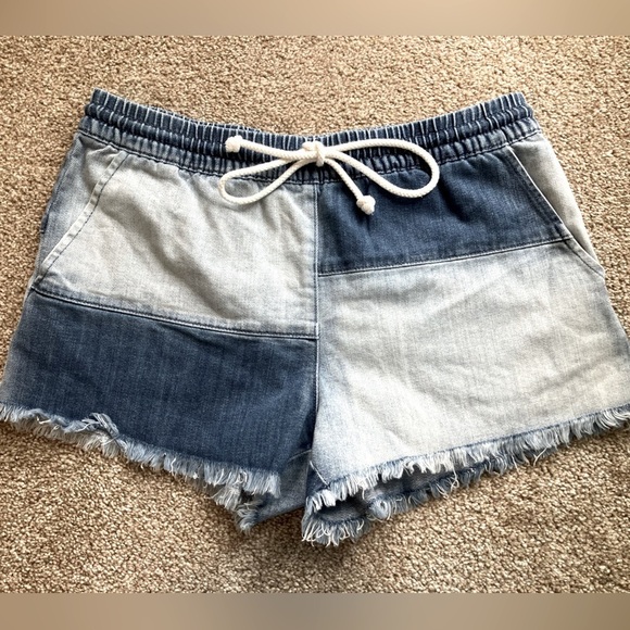 Aerie Denim Color Block Pull On Cut Off Shorts With Drawstring Size Small - Picture 1 of 8